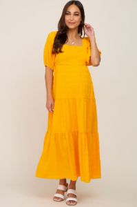 Yellow Textured Stripe Square Neck Tiered Maternity Maxi Dress sold by Pinkblush