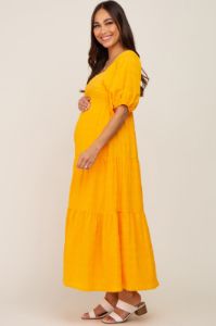 Yellow Textured Stripe Square Neck Tiered Maternity Maxi Dress sold by Pinkblush
