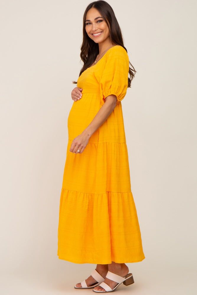 Yellow Textured Stripe Square Neck Tiered Maternity Maxi Dress sold by Pinkblush product image thumbnail 2