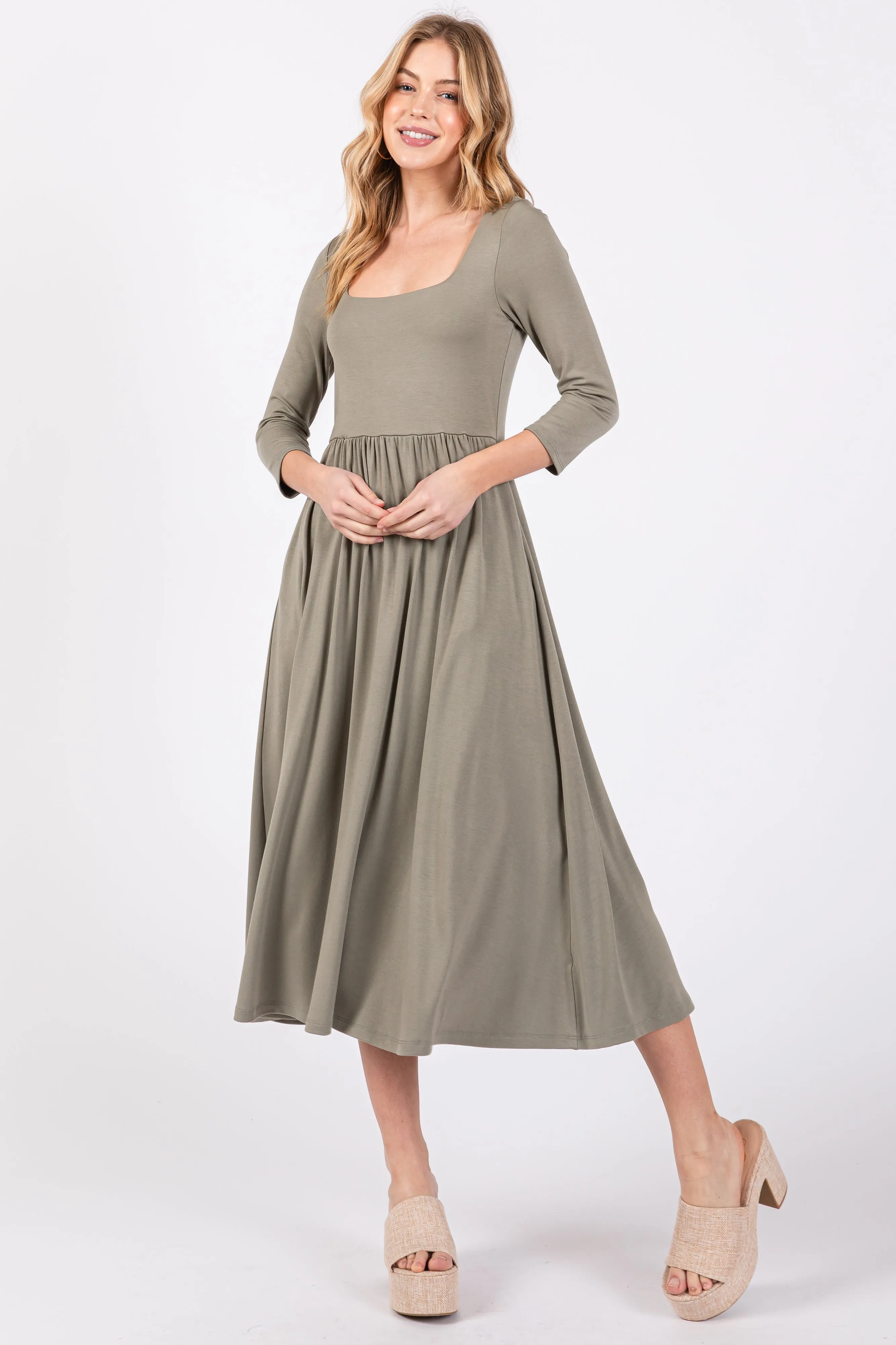 Light Olive Square Neck 3/4 Sleeve Maternity Midi Dress sold by Pinkblush product image thumbnail 4