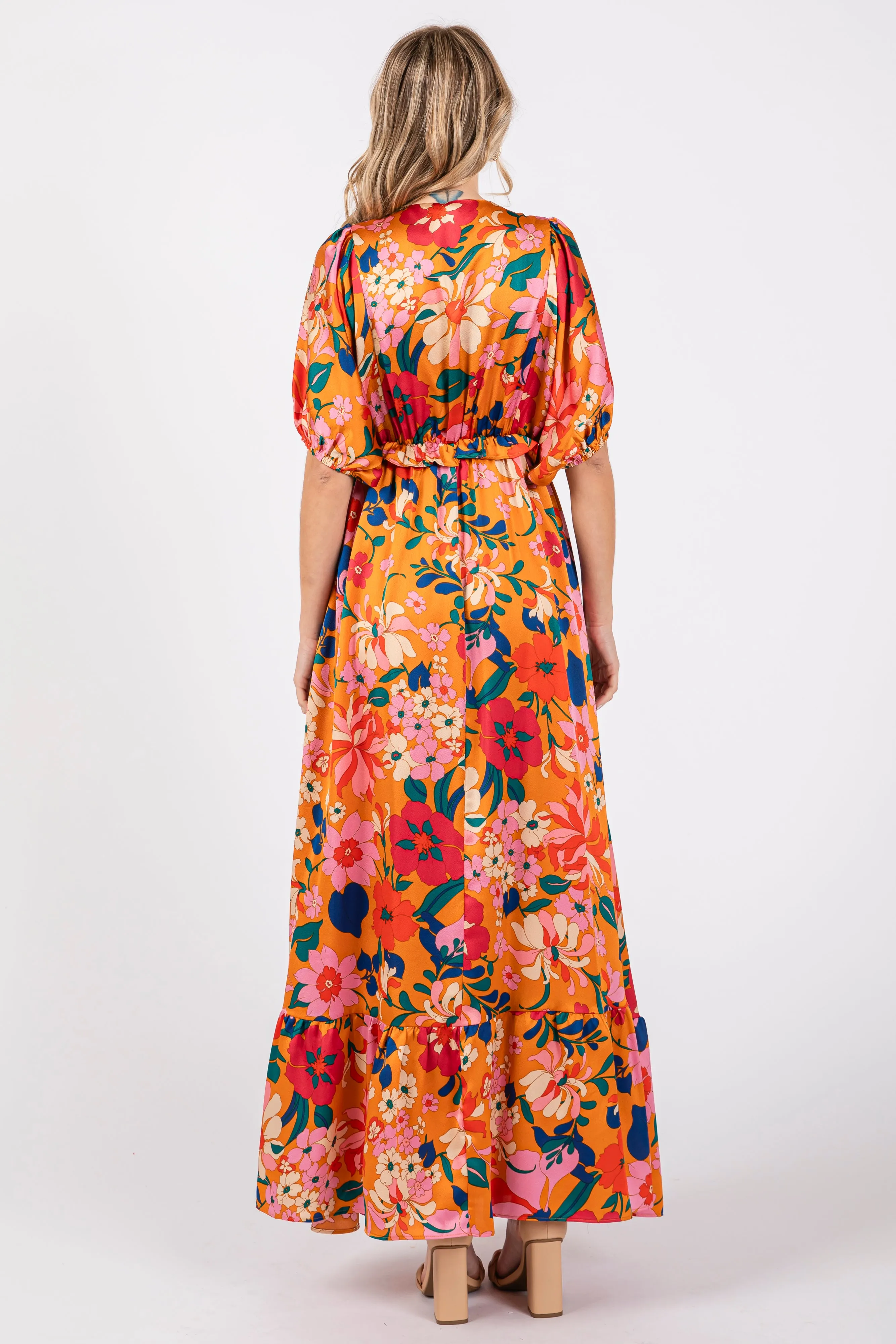 Orange Floral Satin Deep V-Neck Puff Sleeve Maxi Dress sold by Pinkblush product image thumbnail 3