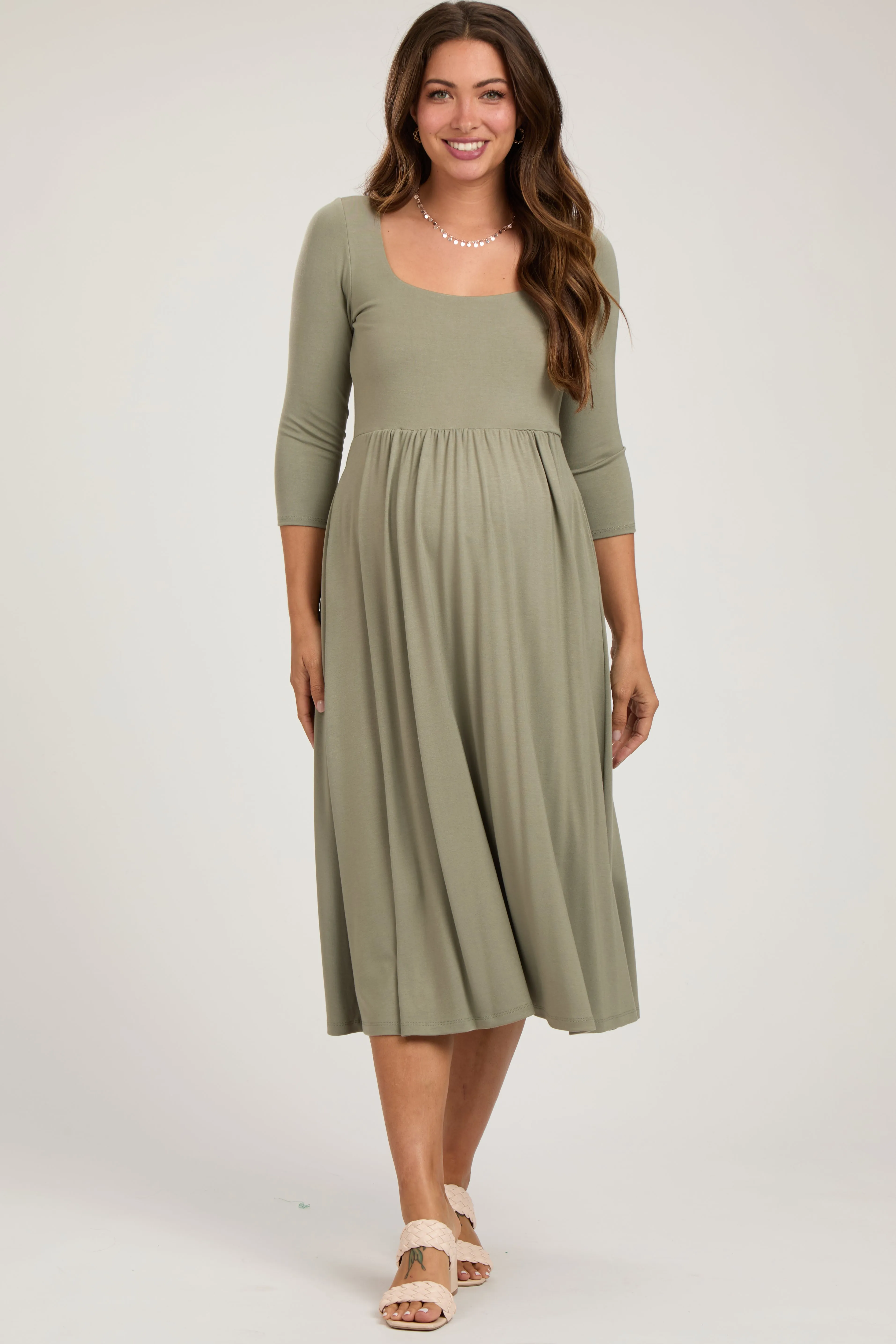 Light Olive Square Neck 3/4 Sleeve Maternity Midi Dress sold by Pinkblush