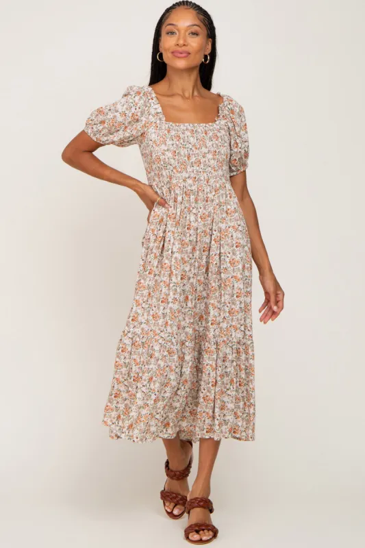 Taupe Floral Smocked Puff Sleeve Midi Dress sold by Pinkblush