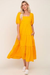 Yellow Textured Stripe Square Neck Tiered Maternity Maxi Dress sold by Pinkblush