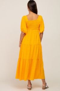 Yellow Textured Stripe Square Neck Tiered Maternity Maxi Dress sold by Pinkblush