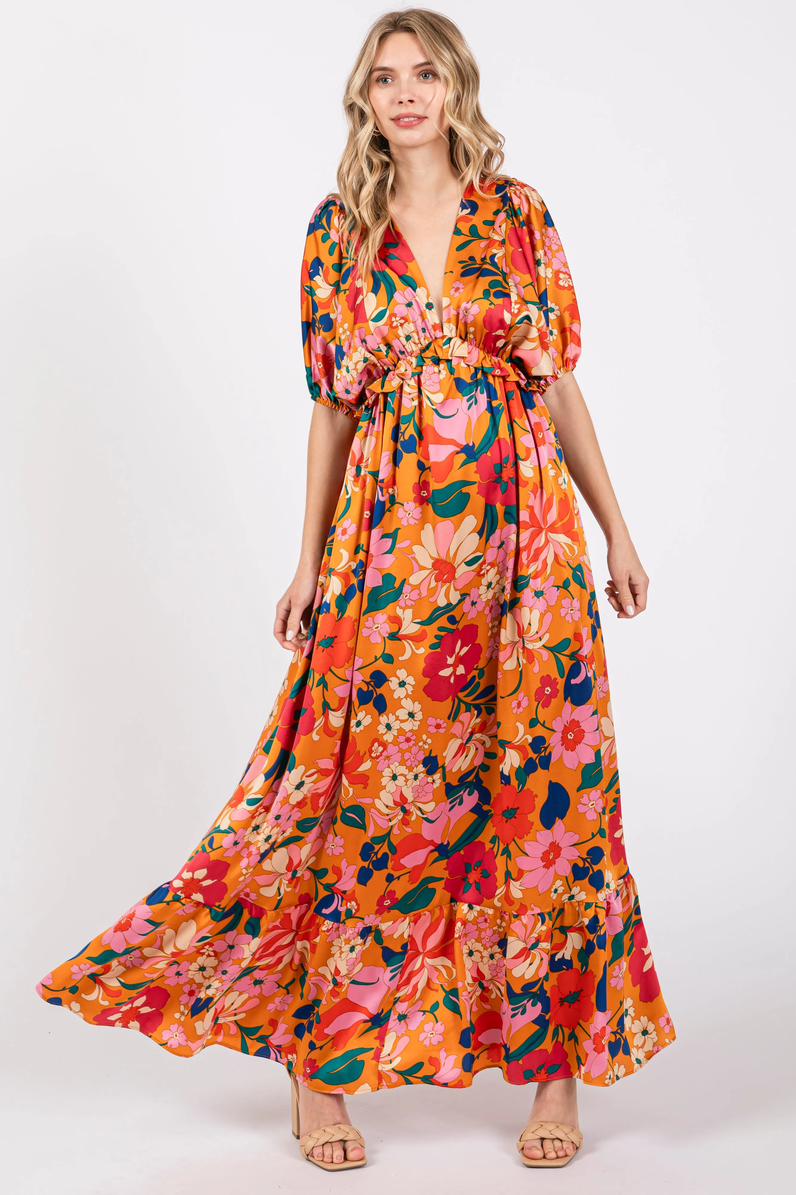 Orange Floral Satin Deep V-Neck Puff Sleeve Maxi Dress sold by Pinkblush product image thumbnail 4