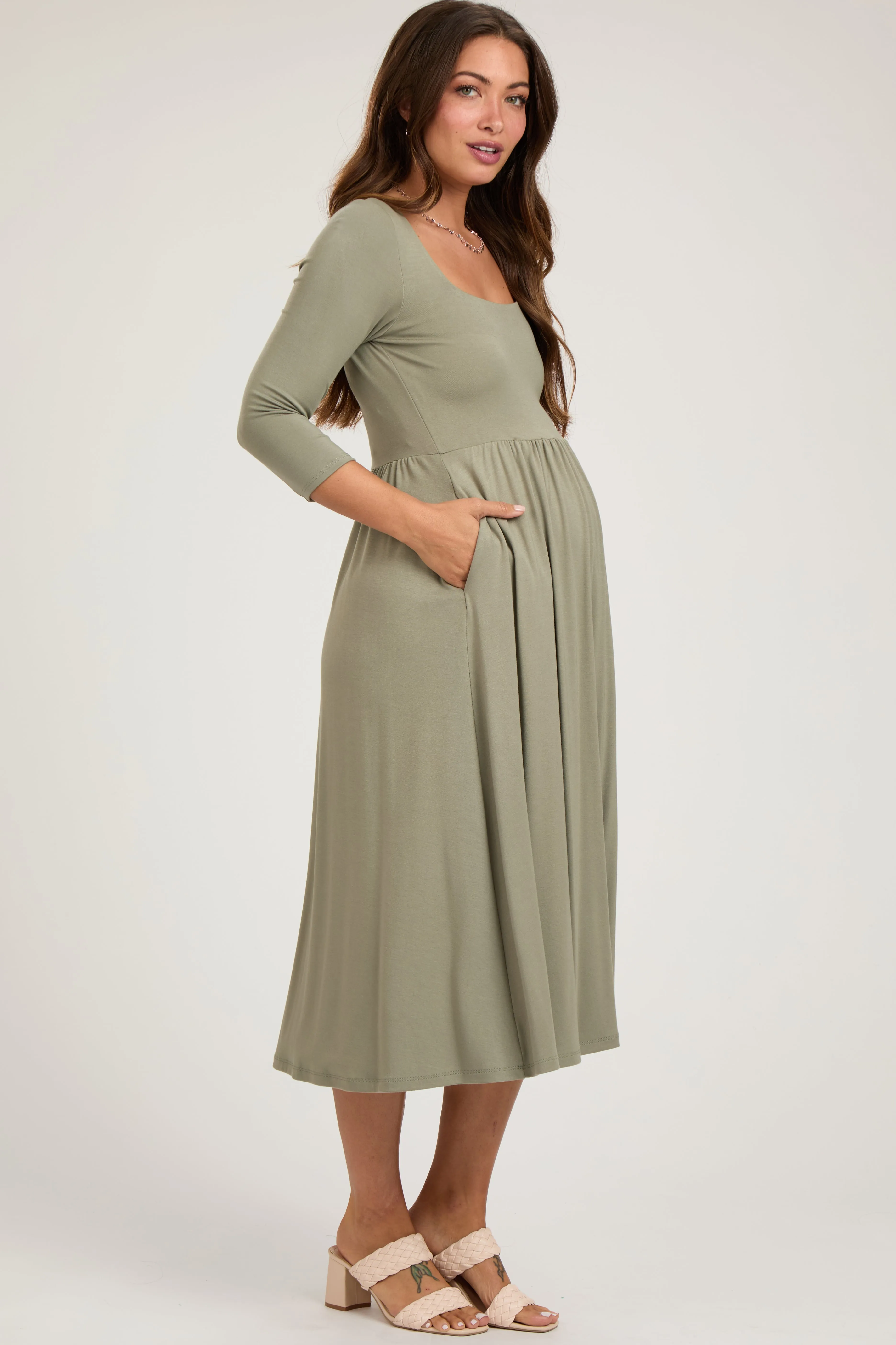 Light Olive Square Neck 3/4 Sleeve Maternity Midi Dress sold by Pinkblush product image thumbnail 2