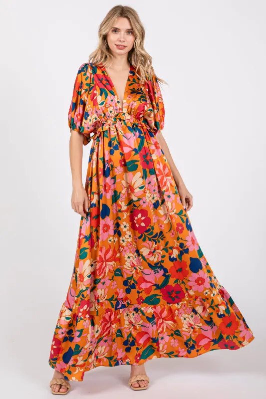 Orange Floral Satin Deep V-Neck Puff Sleeve Maxi Dress sold by Pinkblush