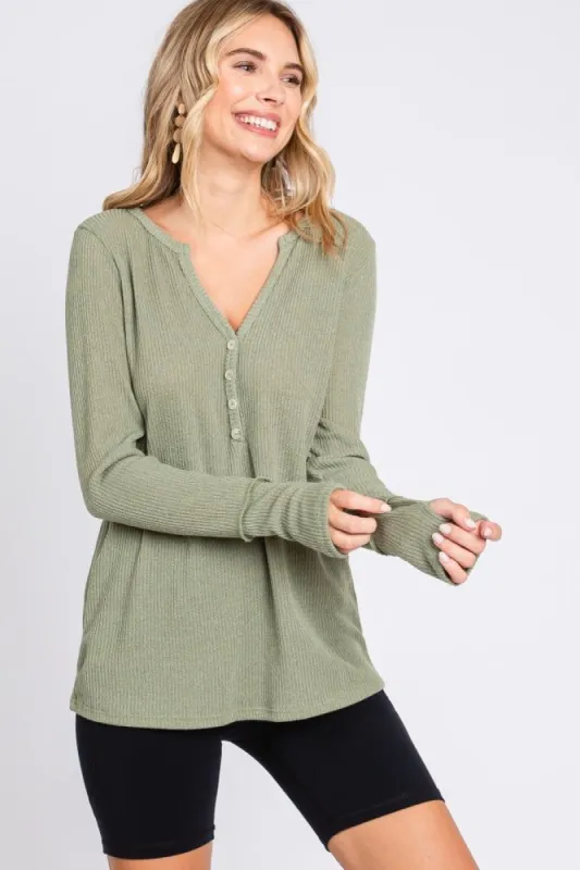 Light Olive Rib Knit Button Accent Long Sleeve Top sold by Pinkblush