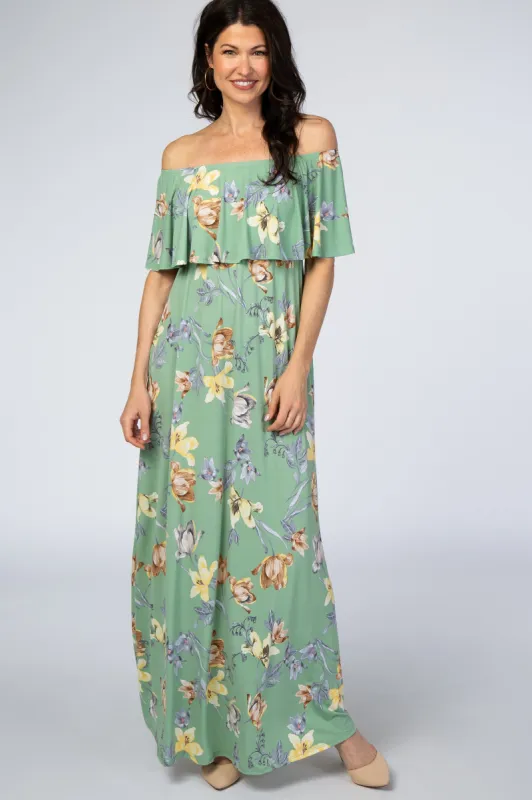 Sage Floral Off Shoulder Maxi Dress sold by Pinkblush