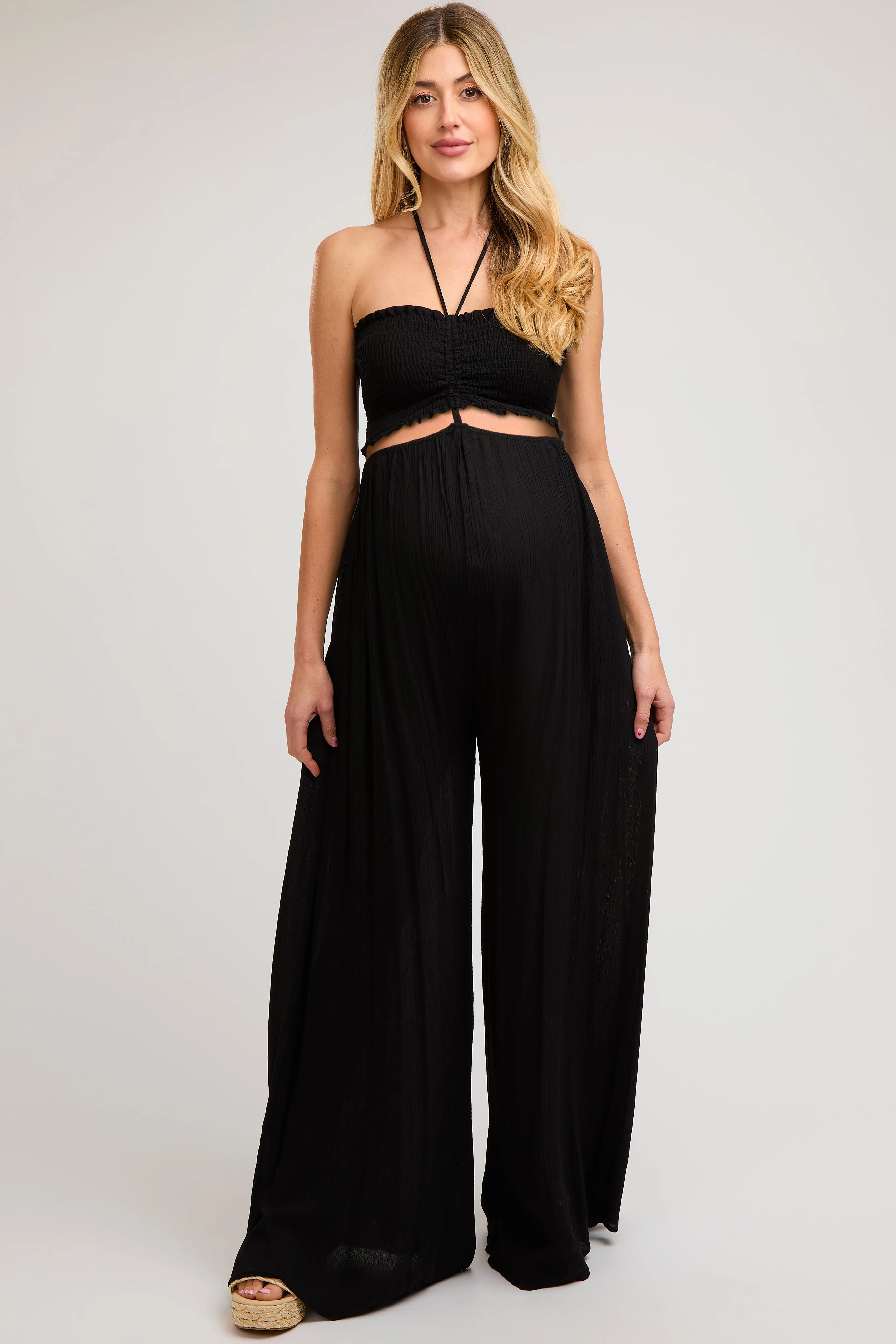 Black Smocked Drawstring Halter Side Cutout Maternity Jumpsuit sold by Pinkblush