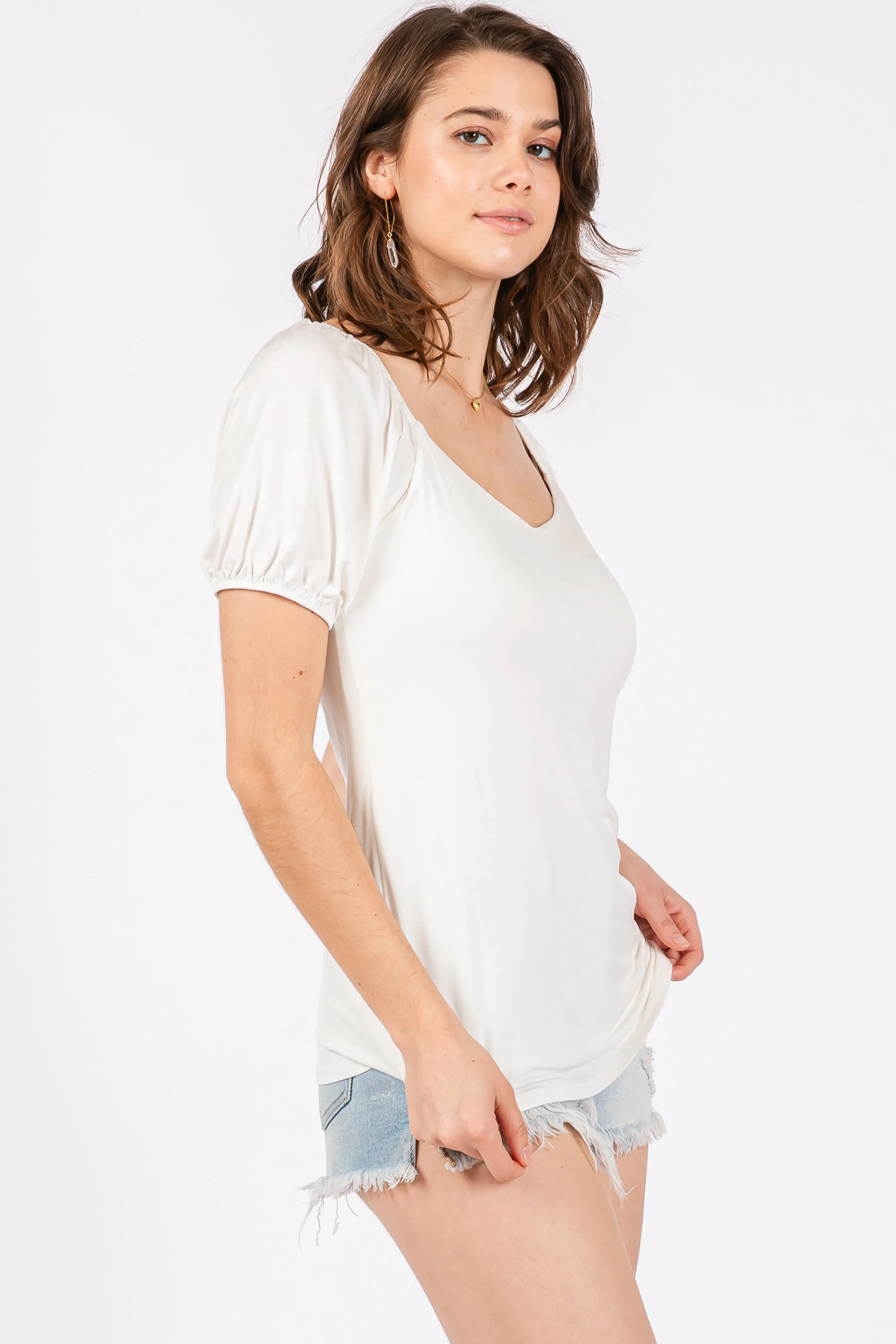 Ivory Short Puff Sleeve V-Neck Top sold by Pinkblush product image thumbnail 2