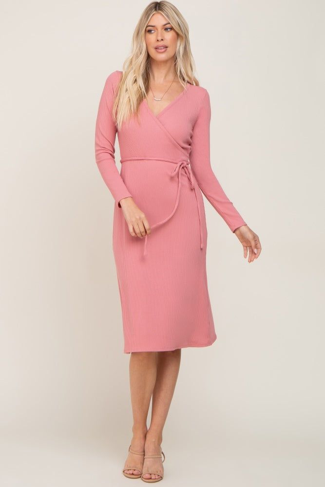 Pink Rib Knit Long Sleeve Wrap Midi Dress sold by Pinkblush product image thumbnail 4