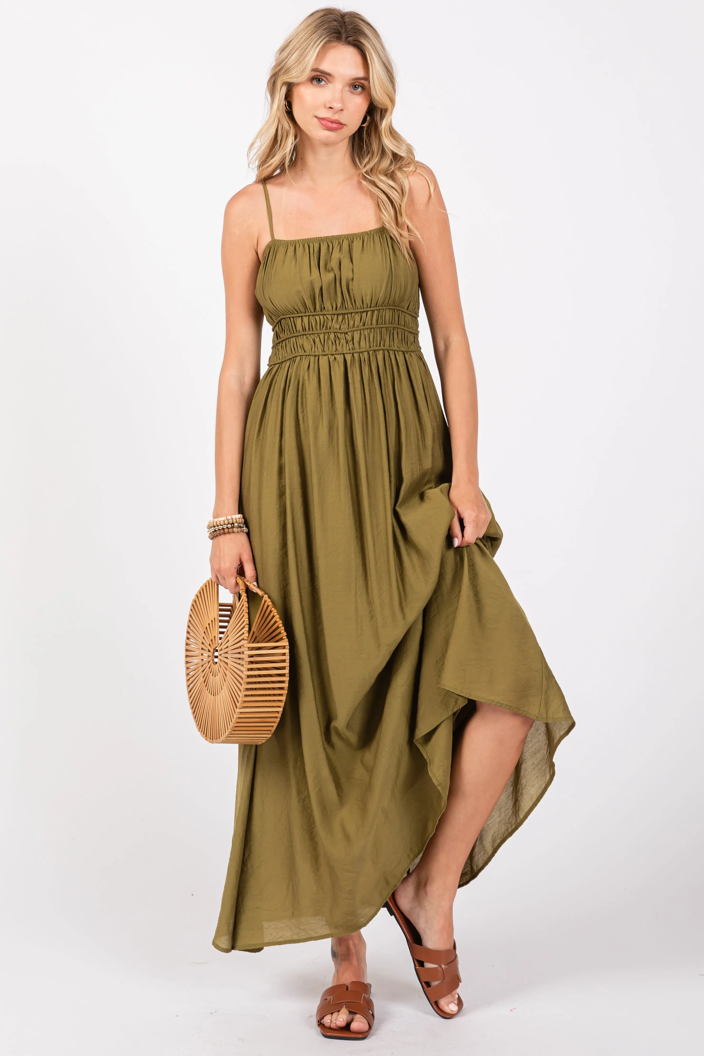 Olive Sleeveless Square Neckline Maxi Dress sold by Pinkblush