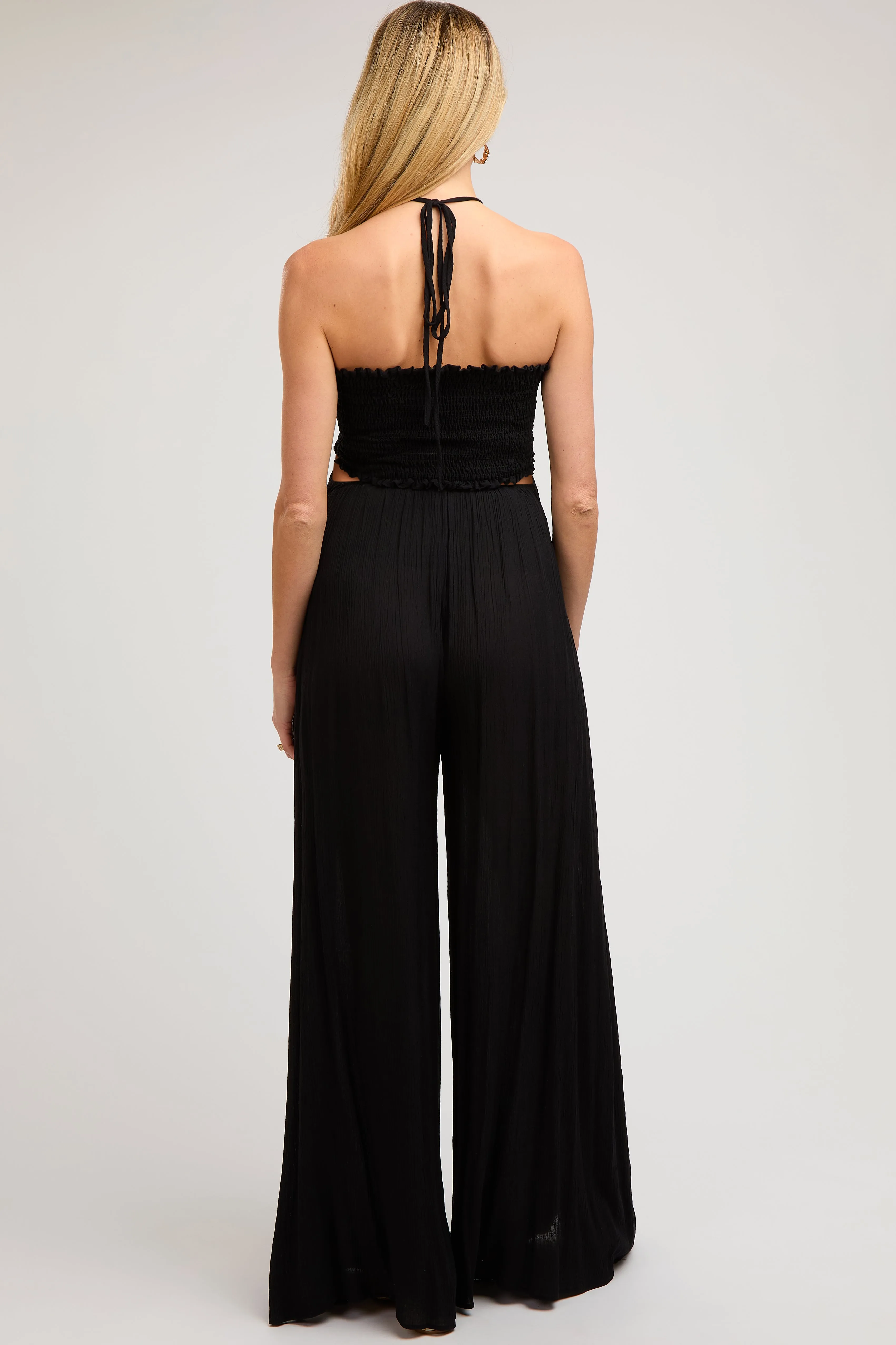 Black Smocked Drawstring Halter Side Cutout Maternity Jumpsuit sold by Pinkblush product image thumbnail 2