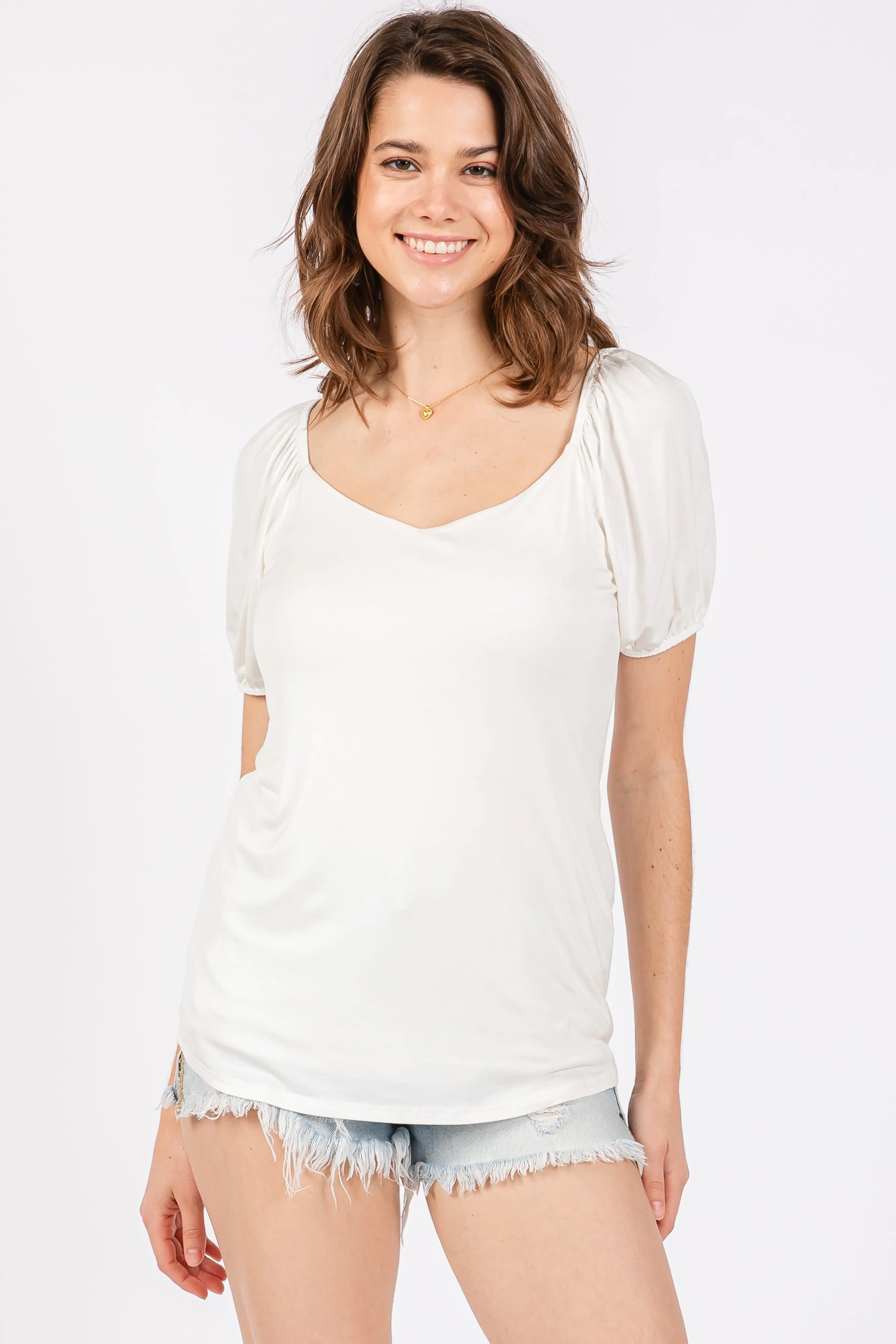 Ivory Short Puff Sleeve V-Neck Top sold by Pinkblush
