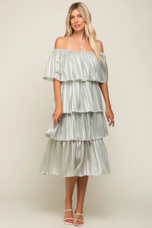 Light Mint Green Striped Layered Midi Dress sold by Pinkblush