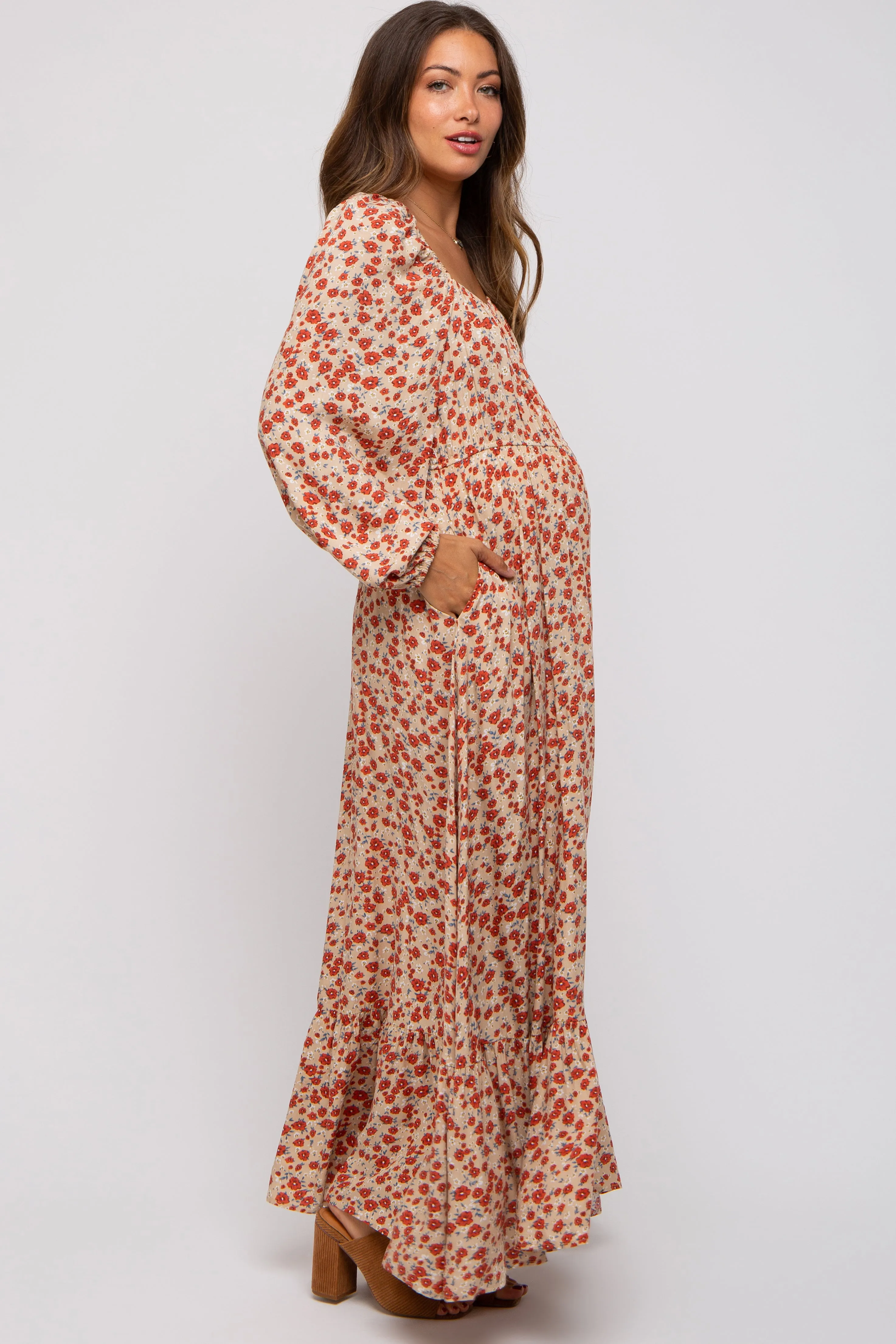 Beige Floral Square Neck Ruffle Maternity Maxi Dress sold by Pinkblush product image thumbnail 2