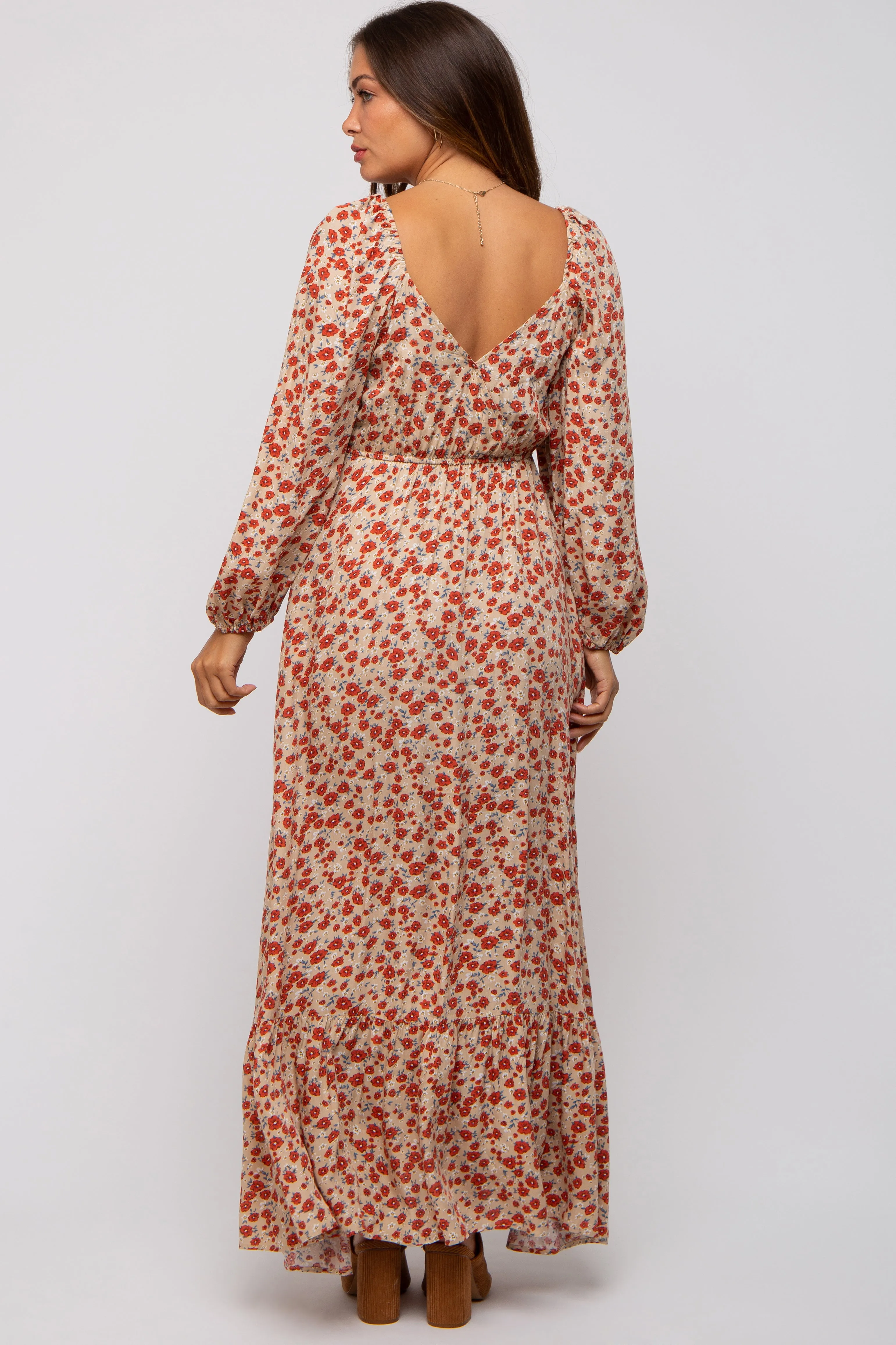 Beige Floral Square Neck Ruffle Maternity Maxi Dress sold by Pinkblush product image thumbnail 3