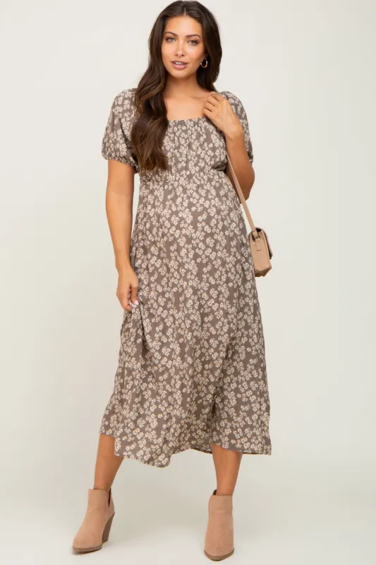 Grey Floral Puff Sleeve Maternity Midi Dress sold by Pinkblush