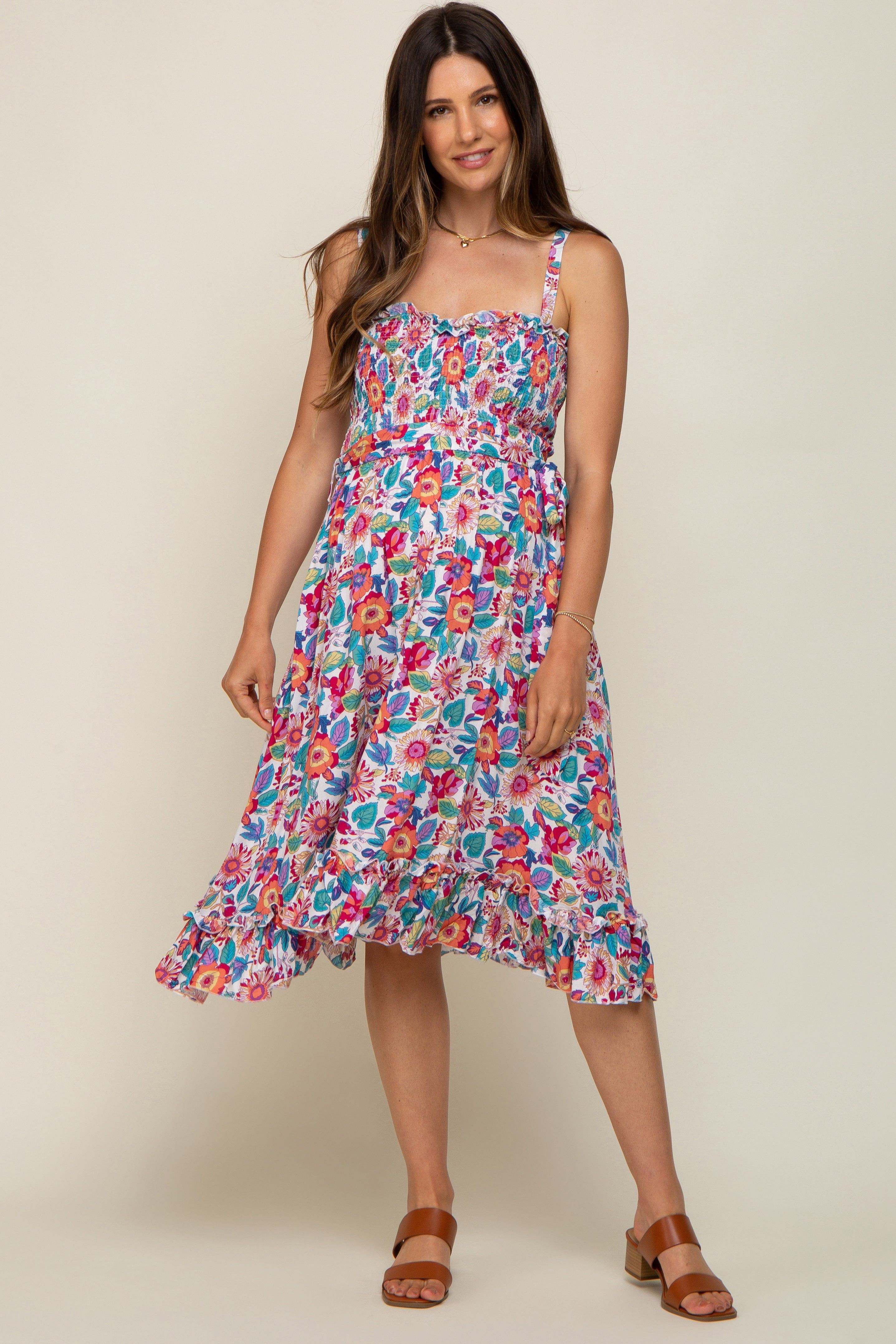 White Floral Smocked Tie Waist Sleeveless Maternity Dress sold by Pinkblush