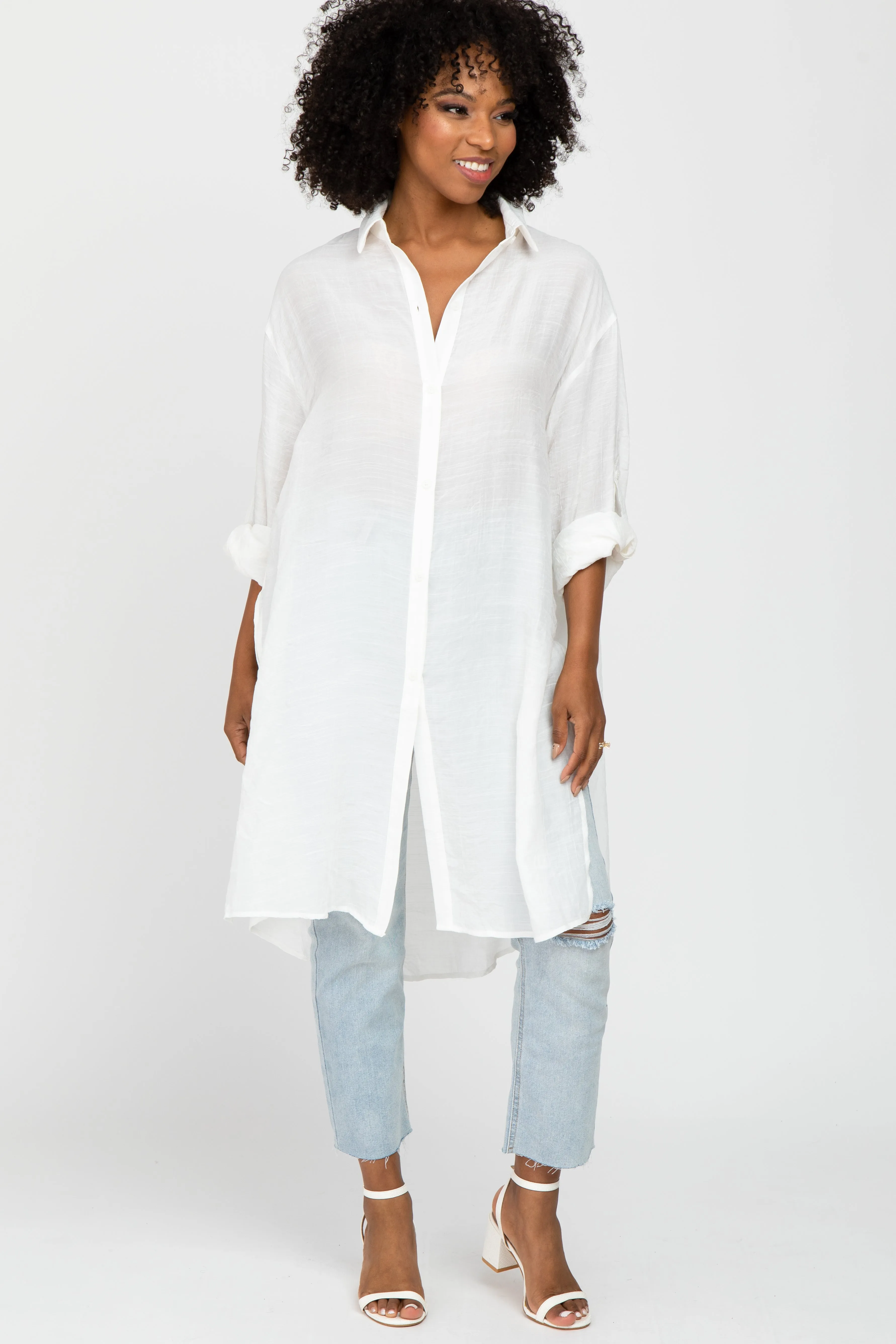 Ivory Button Front Side Slit Oversized Blouse sold by Pinkblush product image thumbnail 2