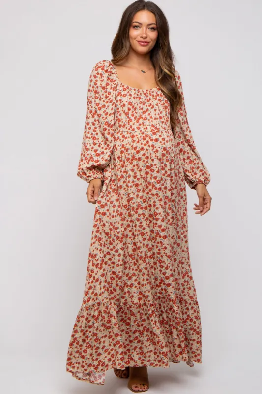 Beige Floral Square Neck Ruffle Maternity Maxi Dress sold by Pinkblush