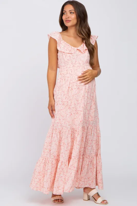 Pink Floral Ruffle Tiered Maternity Maxi Dress sold by Pinkblush