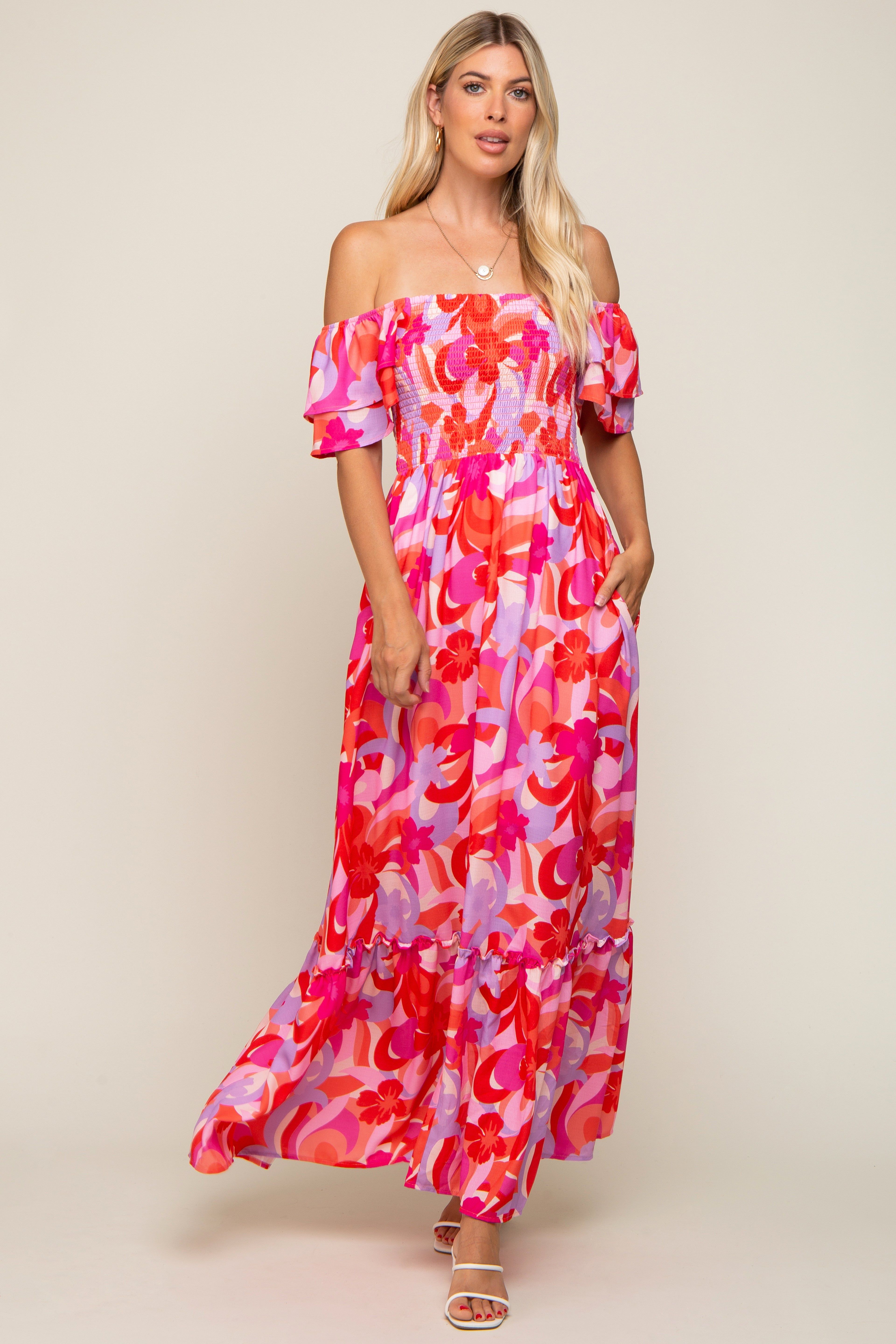 Pink Floral Smocked Ruffle Short Sleeve Maxi Dress sold by Pinkblush product image thumbnail 4