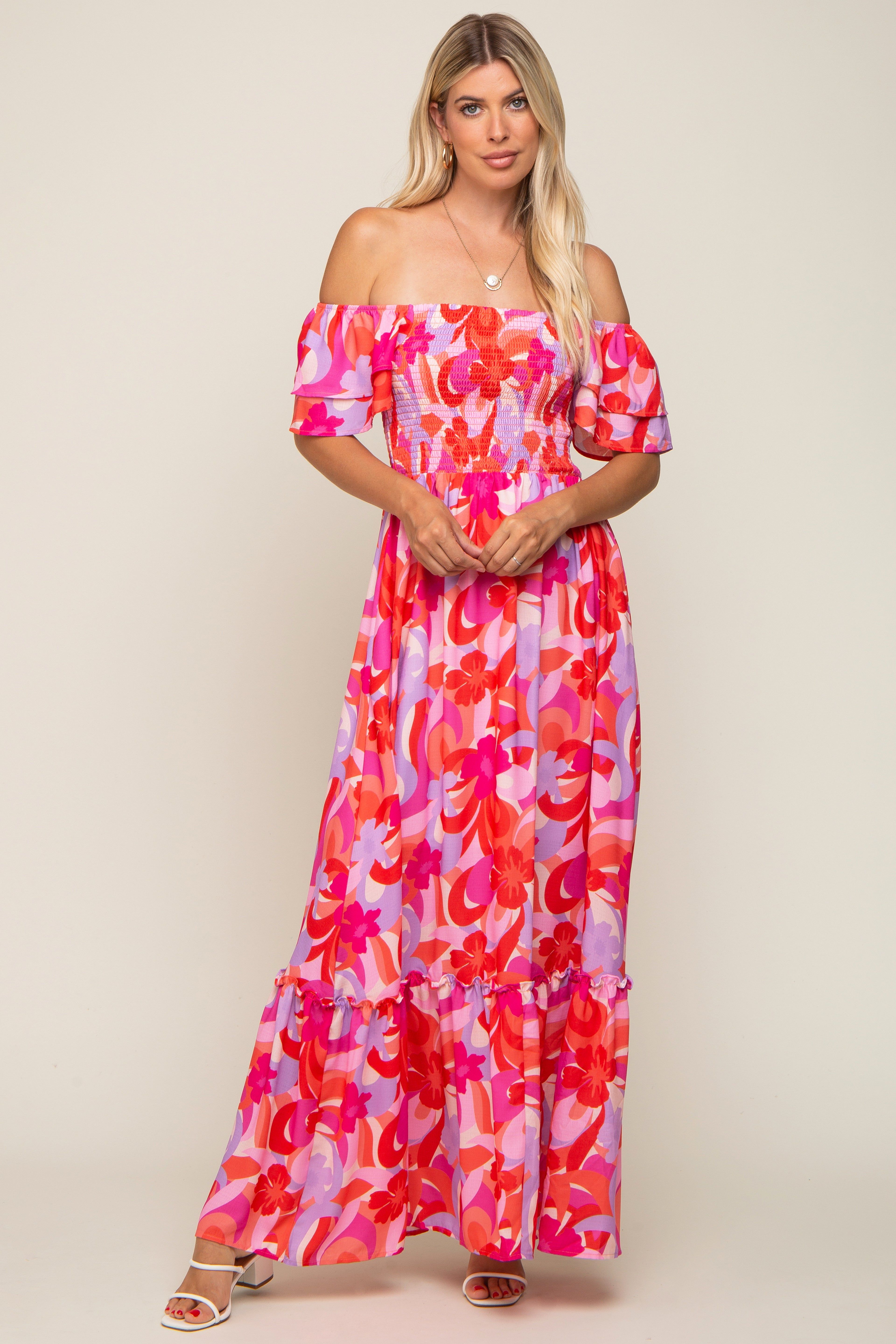 Pink Floral Smocked Ruffle Short Sleeve Maxi Dress sold by Pinkblush