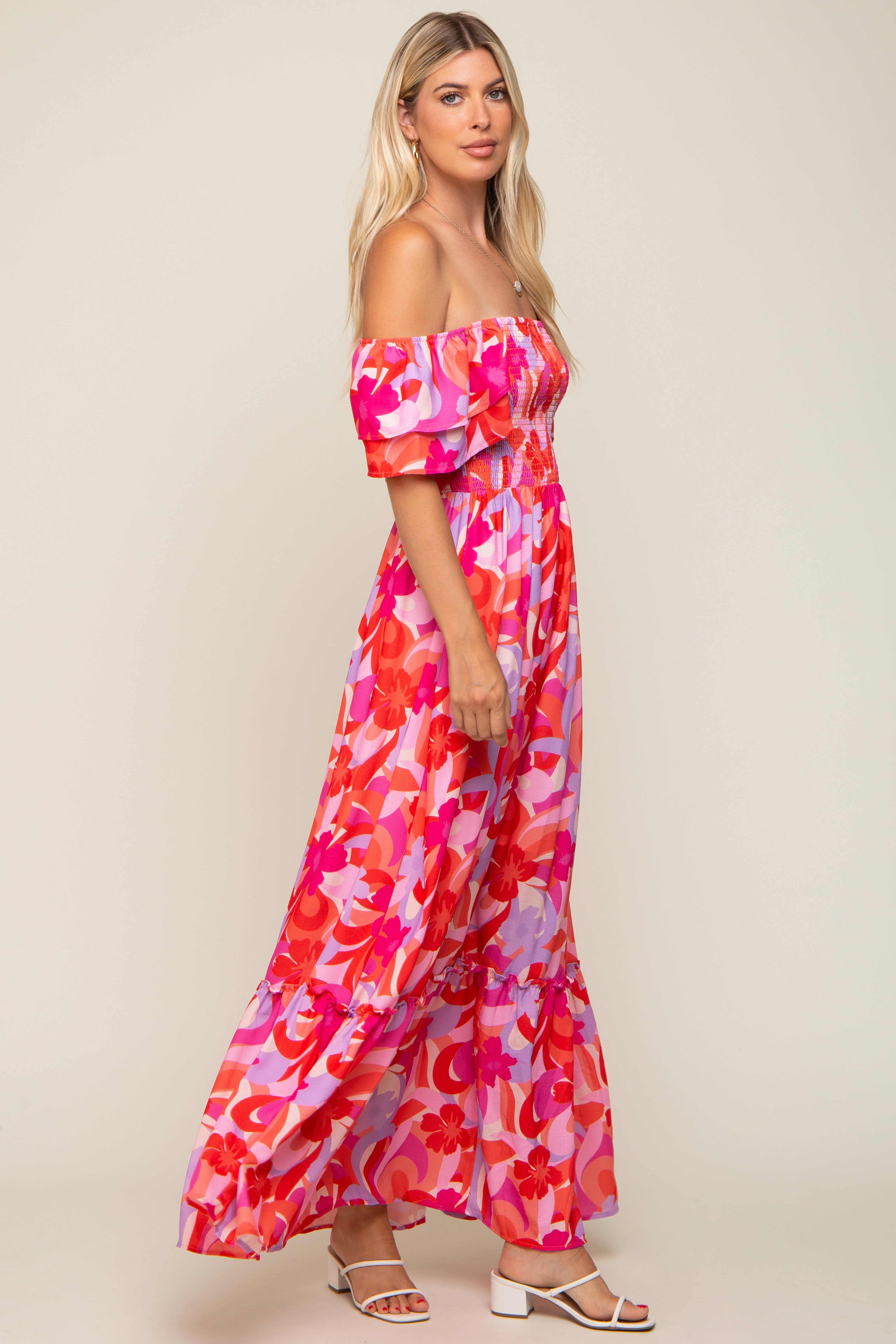 Pink Floral Smocked Ruffle Short Sleeve Maxi Dress sold by Pinkblush product image thumbnail 2