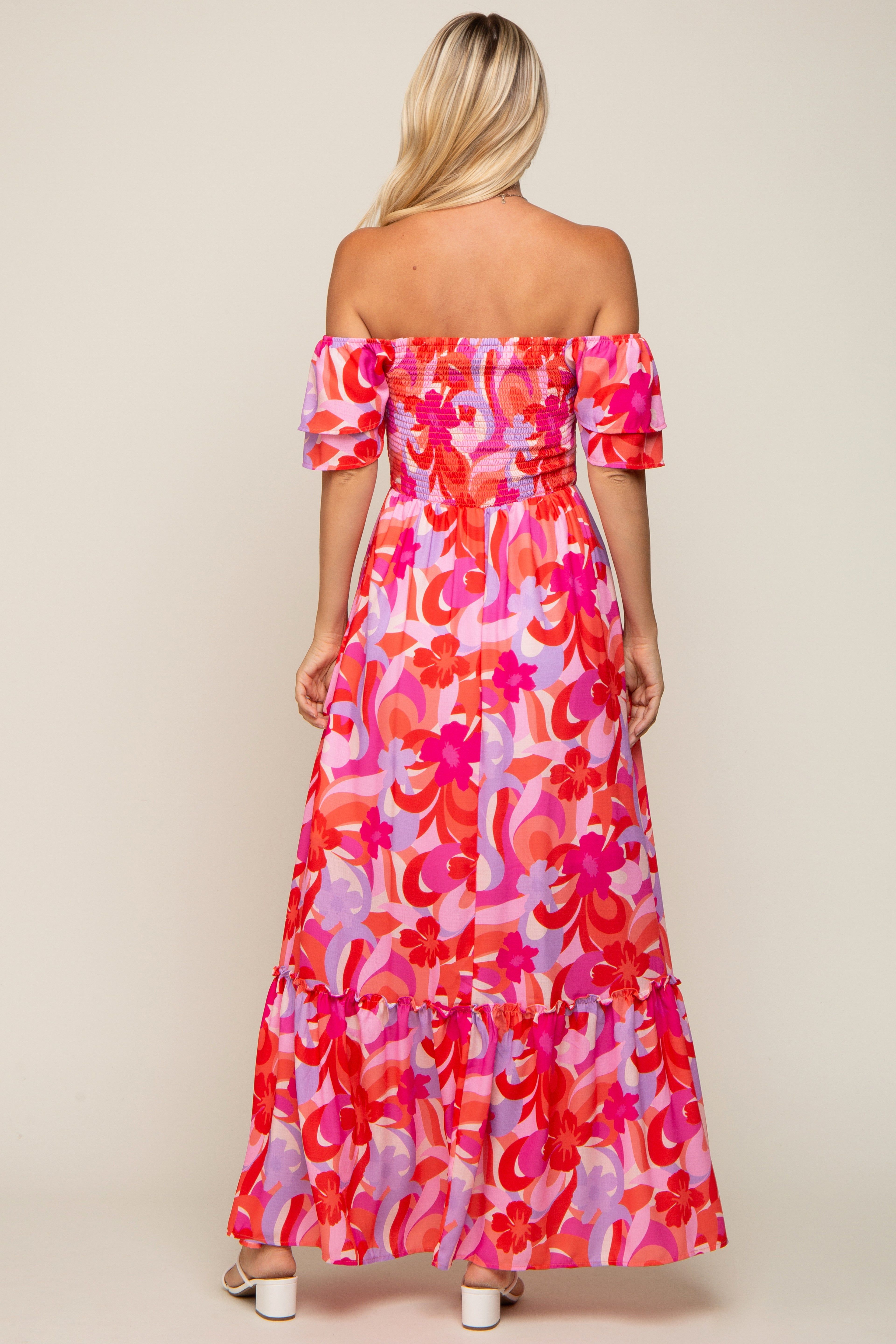 Pink Floral Smocked Ruffle Short Sleeve Maxi Dress sold by Pinkblush product image thumbnail 3