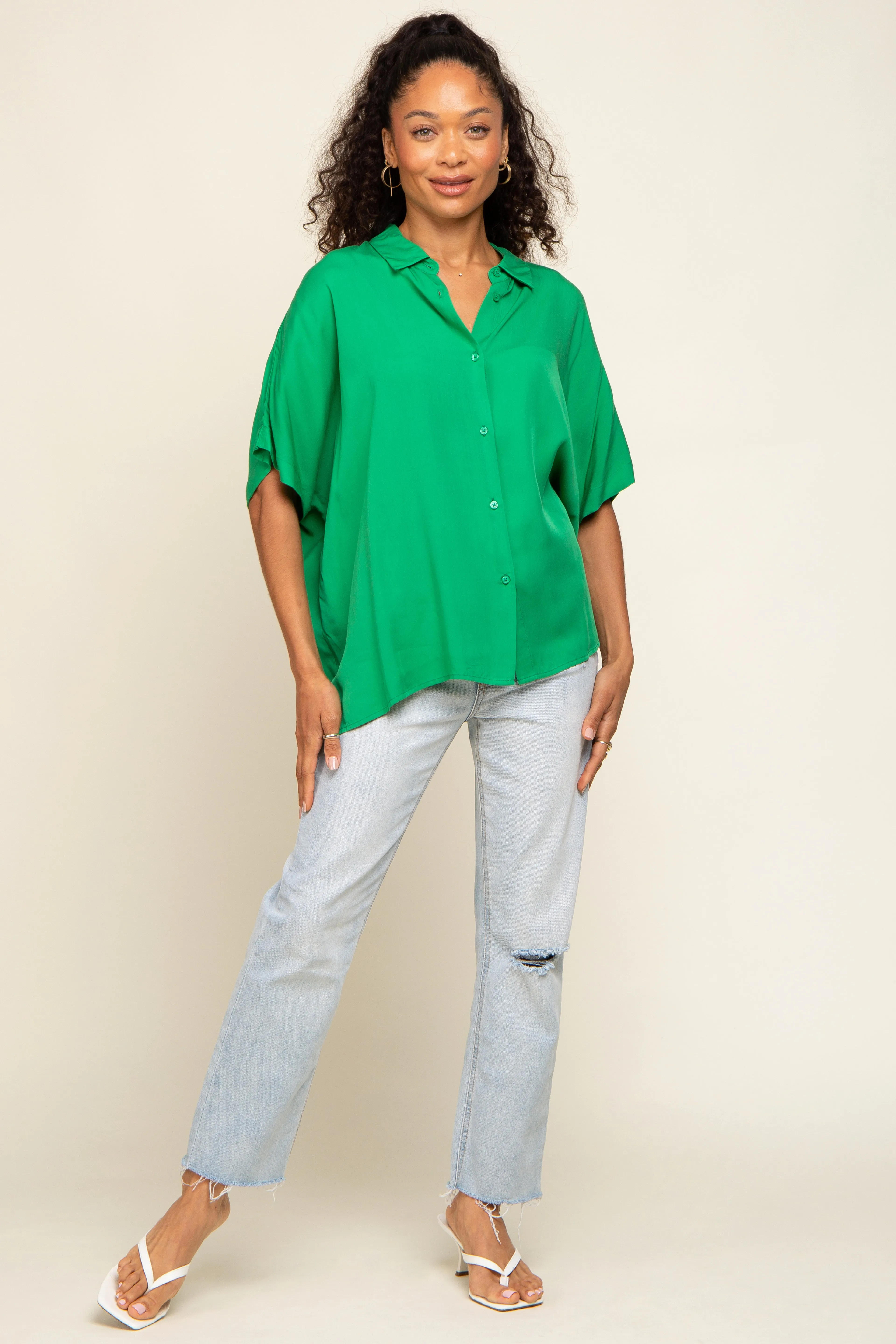 Green Button Up Dolman Short Sleeve Top sold by Pinkblush product image thumbnail 4