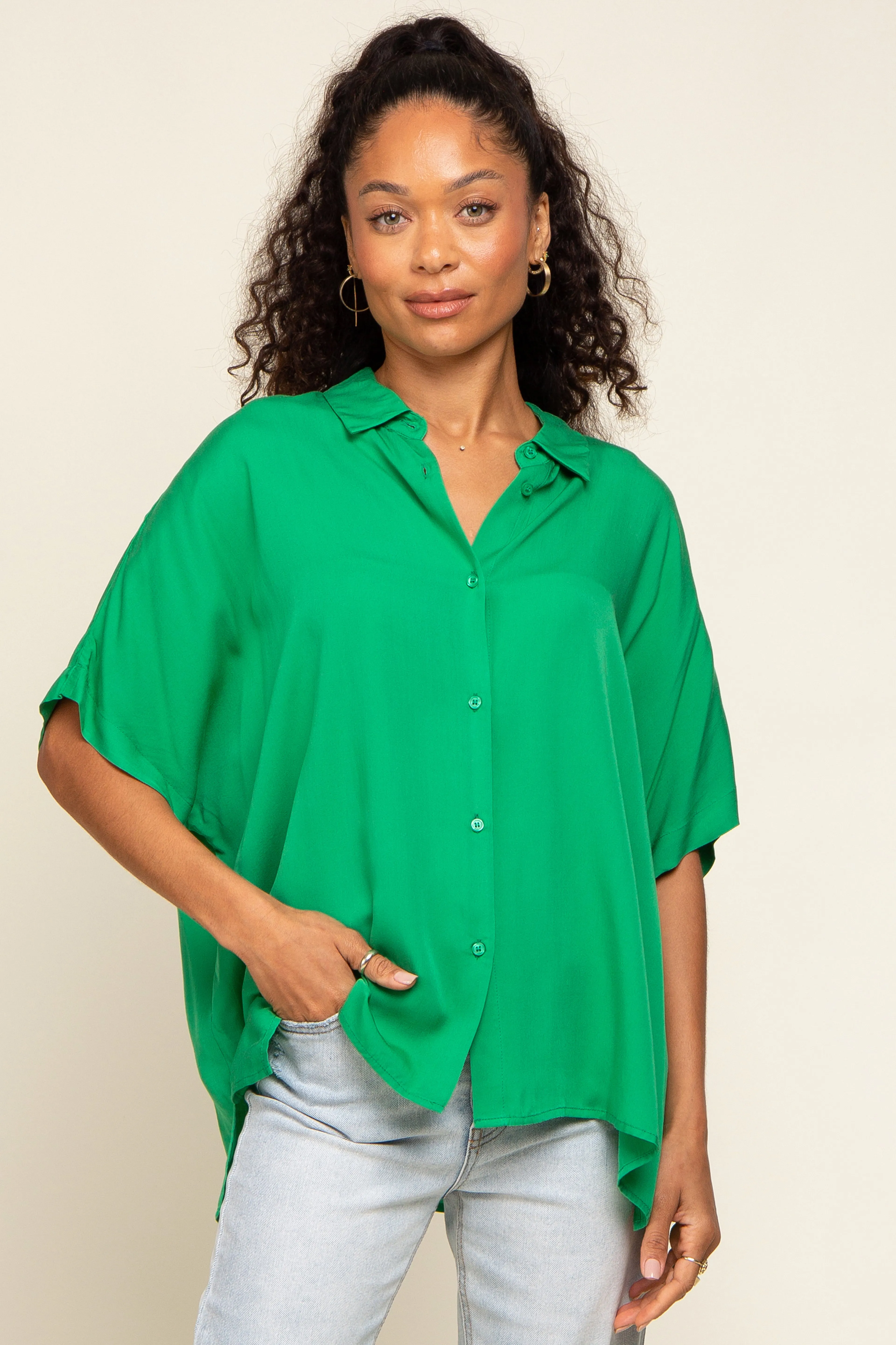 Green Button Up Dolman Short Sleeve Top sold by Pinkblush