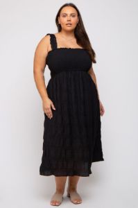 Black Smocked Square Neck Plus Midi Dress sold by Pinkblush