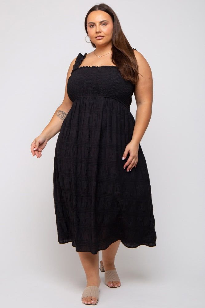 Black Smocked Square Neck Plus Midi Dress sold by Pinkblush