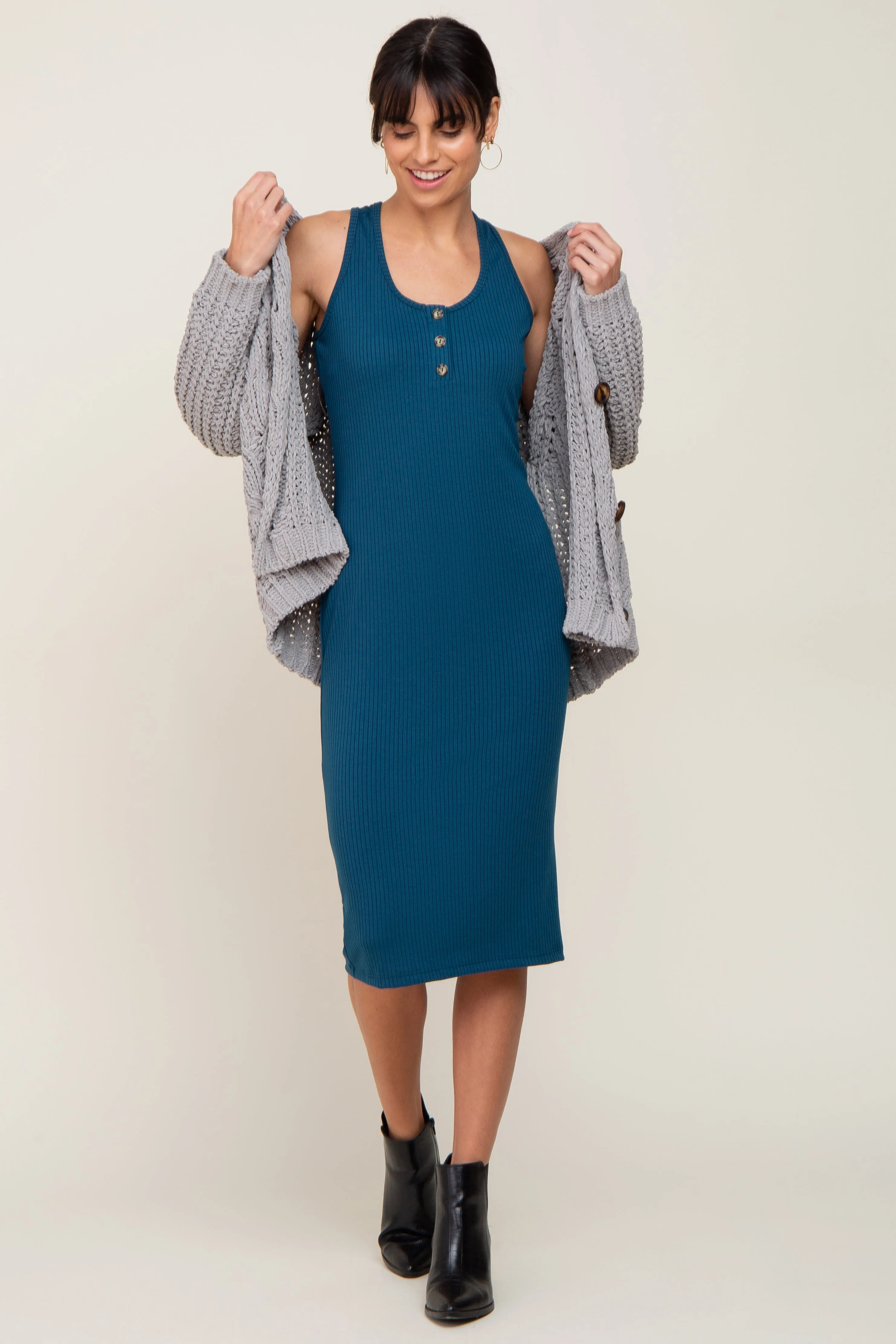 Teal Rib Knit Button Front Midi Dress sold by Pinkblush