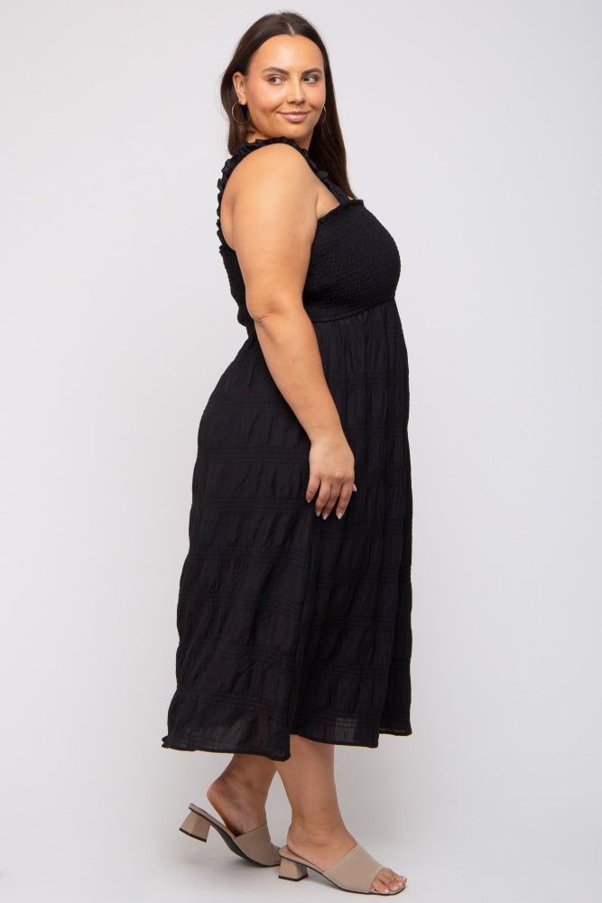 Black Smocked Square Neck Plus Midi Dress sold by Pinkblush product image thumbnail 2