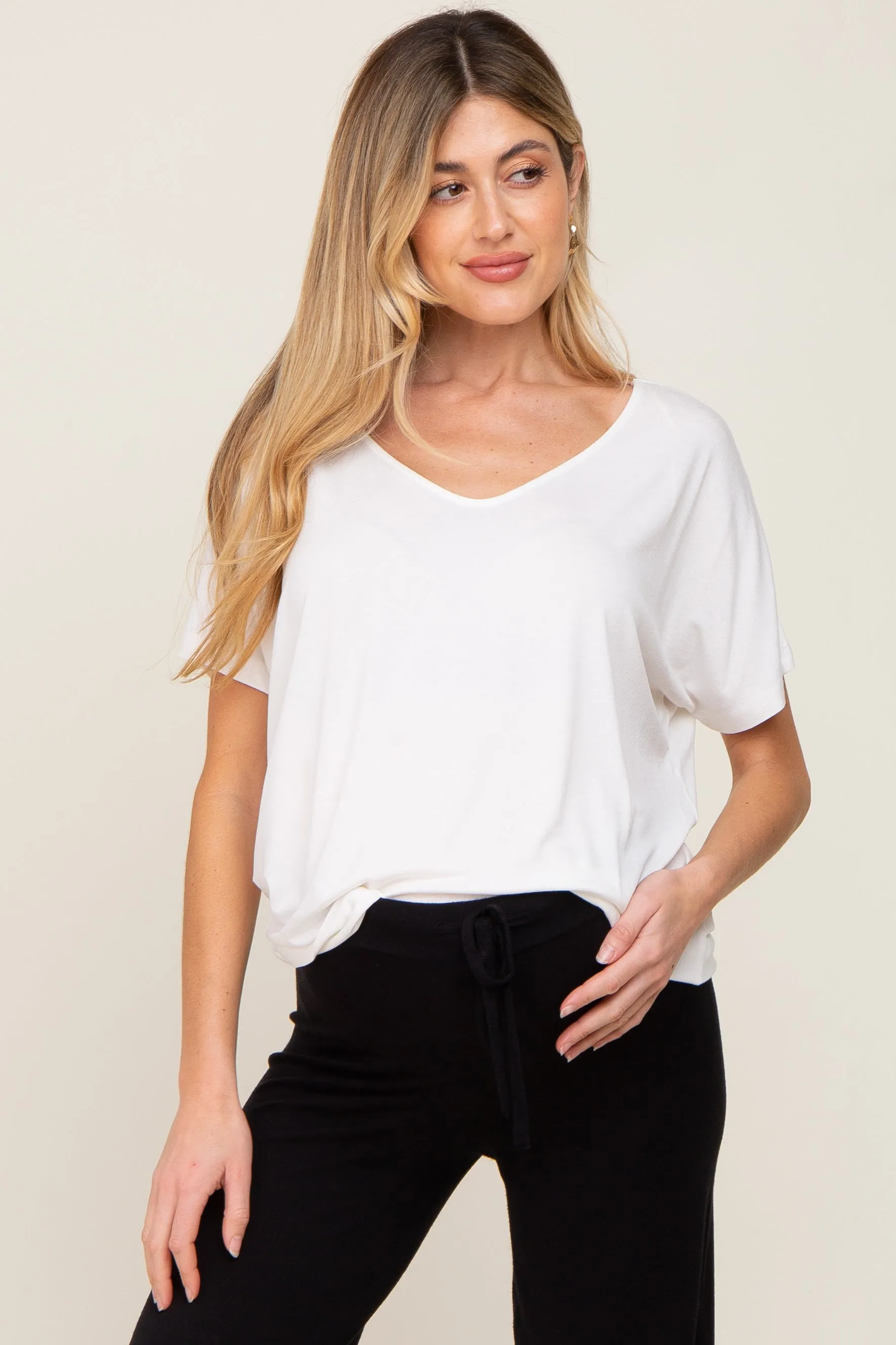 Ivory V-Neck Maternity Dolman Sleeve Top sold by Pinkblush
