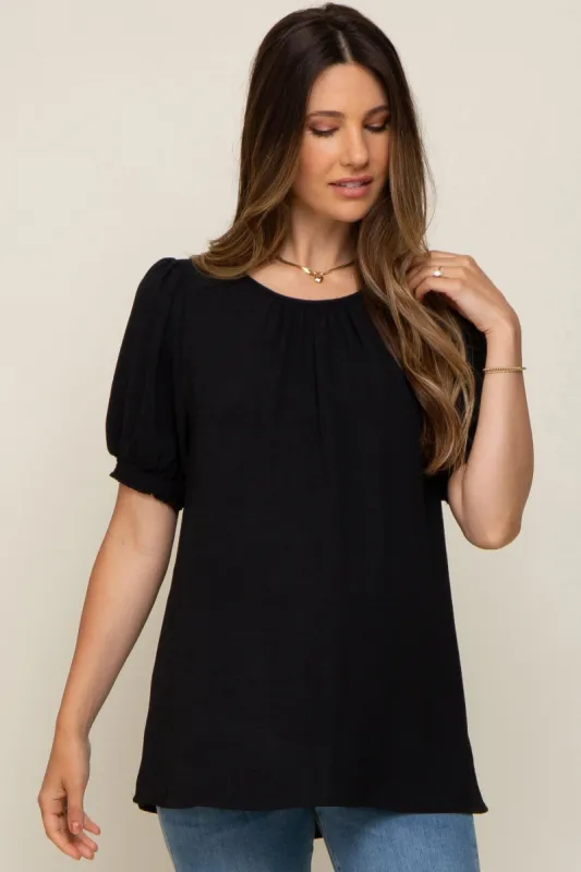 Black Puff Sleeve Smocked Accent Maternity Top sold by Pinkblush