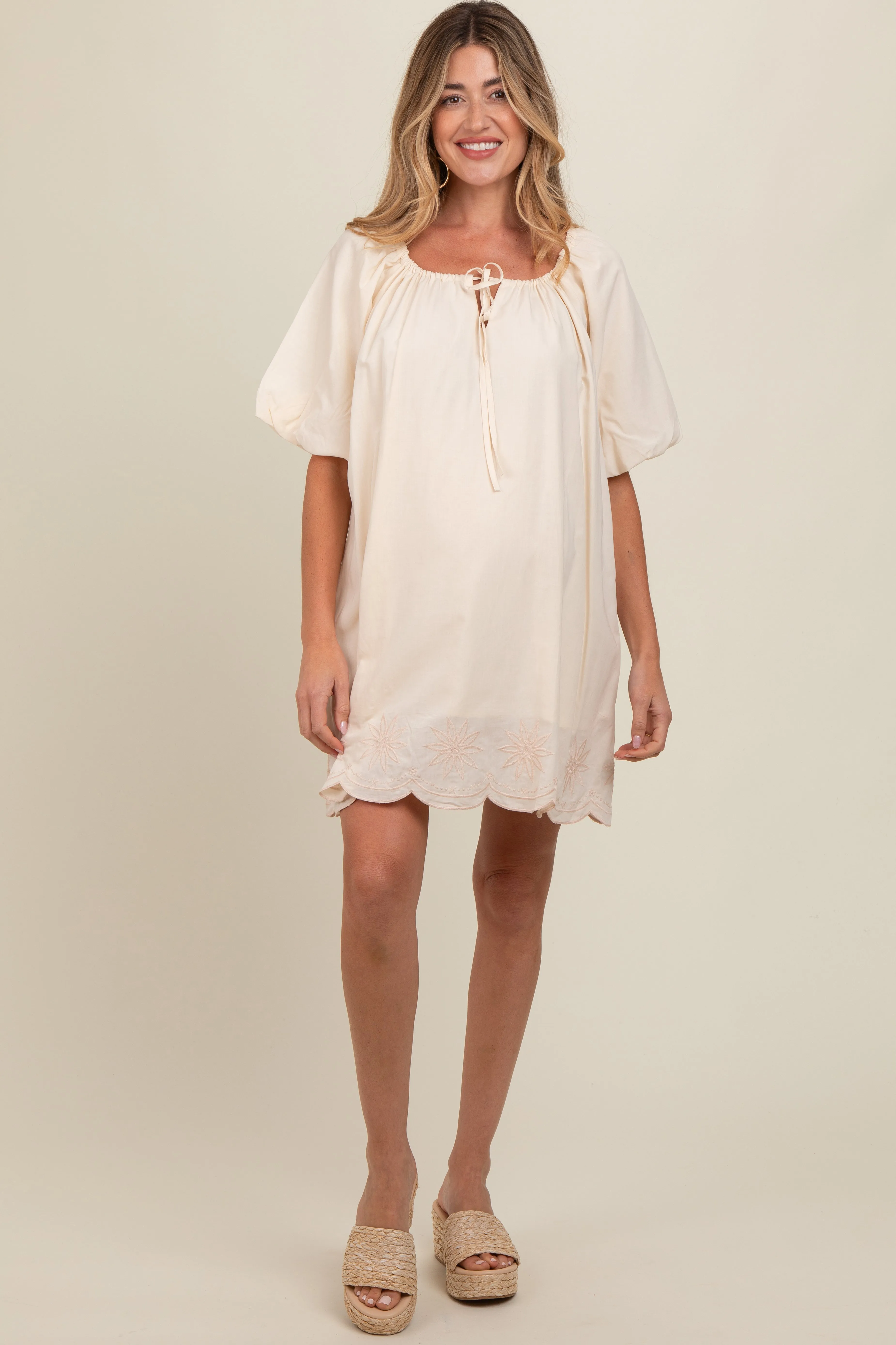 Cream Embroidered Puff Sleeve Maternity Dress sold by Pinkblush product image thumbnail 2