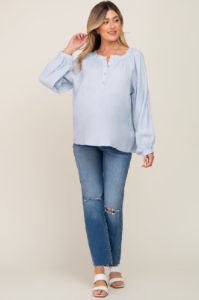 Light Blue Button Front Long Puff Sleeve Maternity Top sold by Pinkblush