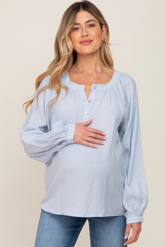 Light Blue Button Front Long Puff Sleeve Maternity Top sold by Pinkblush