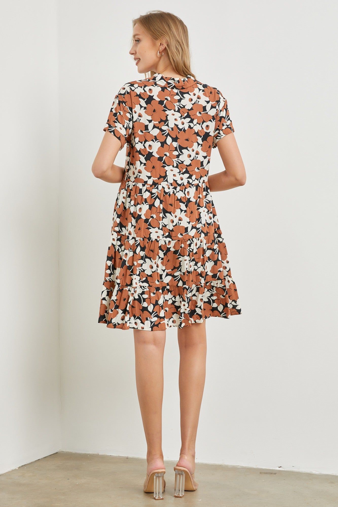 Brown Floral Button Front Collared Ruffle Hem Dress sold by Pinkblush product image thumbnail 3