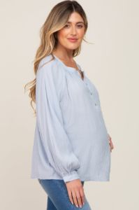 Light Blue Button Front Long Puff Sleeve Maternity Top sold by Pinkblush