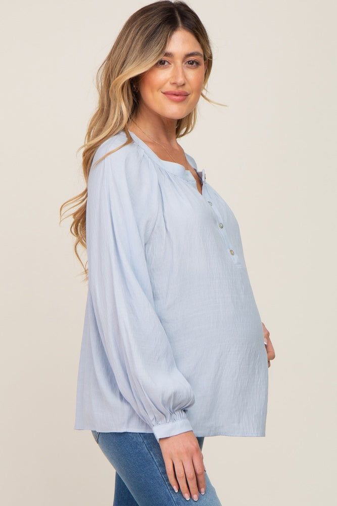 Light Blue Button Front Long Puff Sleeve Maternity Top sold by Pinkblush product image thumbnail 2