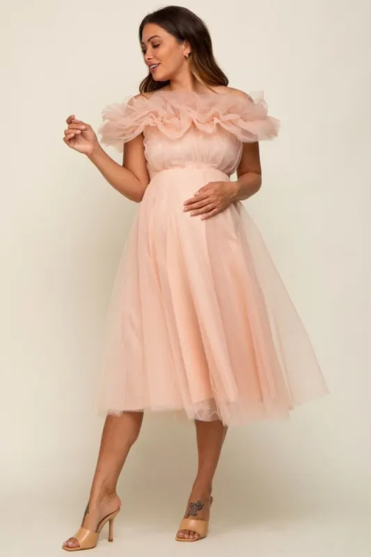 Light Pink Tulle Off Shoulder Maternity Midi Dress sold by Pinkblush