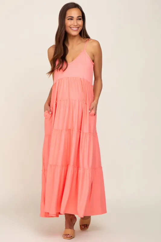 Coral Pink Tiered Sleeveless Maternity Maxi Dress sold by Pinkblush
