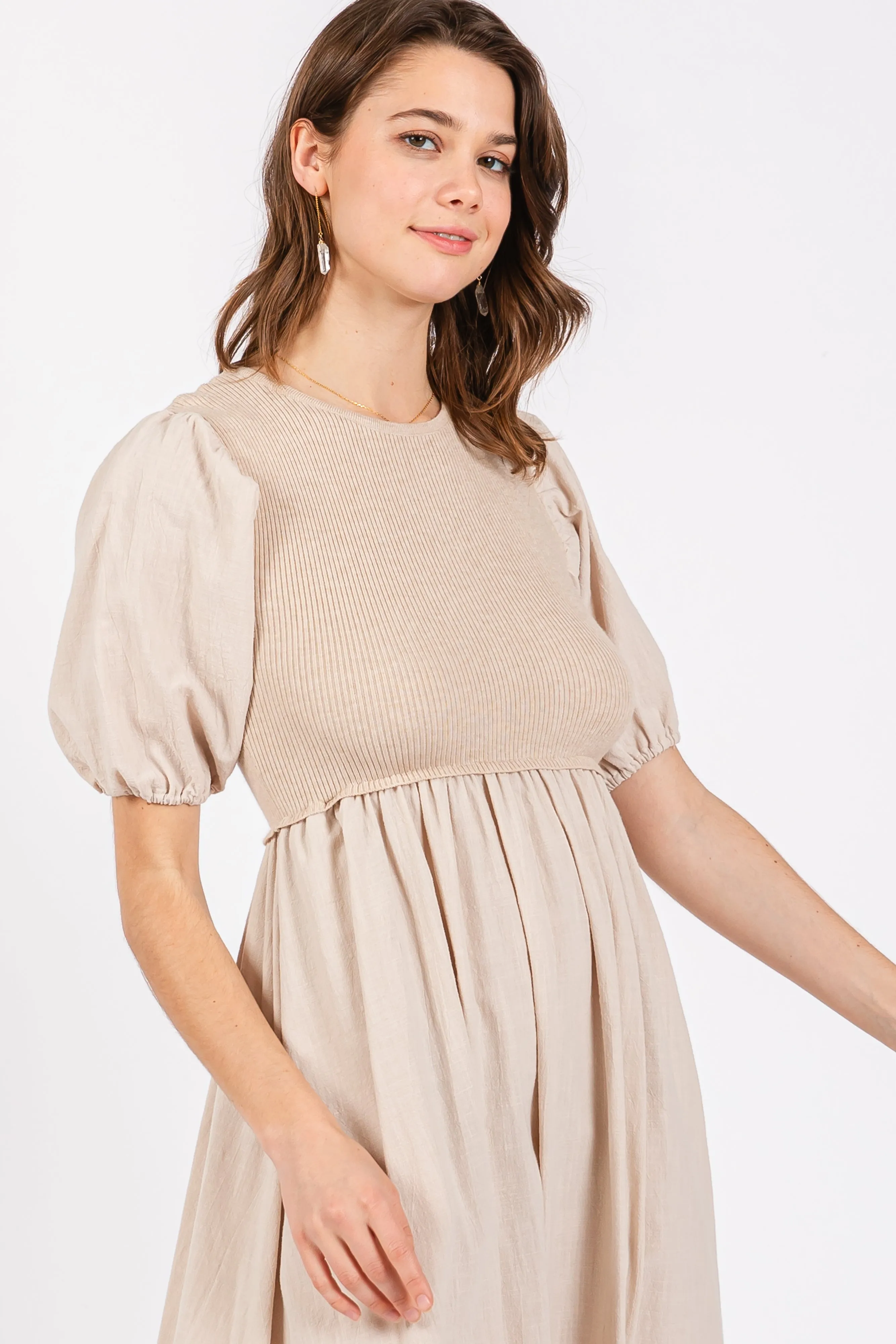Beige Ribbed Bodice Puff Sleeve Midi Dress sold by Pinkblush product image thumbnail 4