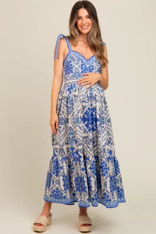 Blue Printed Sweetheart Neckline Shoulder Tie Maternity Maxi Dress sold by Pinkblush